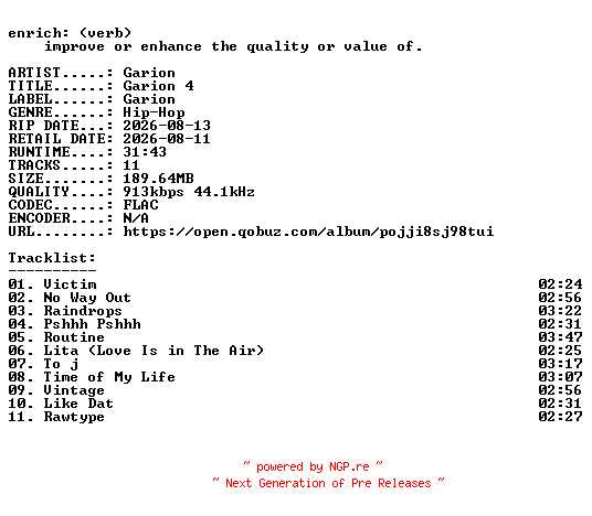 NFO for the release Garion-Garion_4-KR-16BIT-WEB-FLAC-2026-ENRiCH by ENRiCH