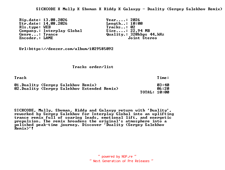 NFO for the release SICKCODE_X_Mully_X_Shvman_X_Kiddy_X_Galaxyy_-_Duality_(Sergey_Salekhov_Remix)-(ITPG304)-WEB-2026-FMC by FMC
