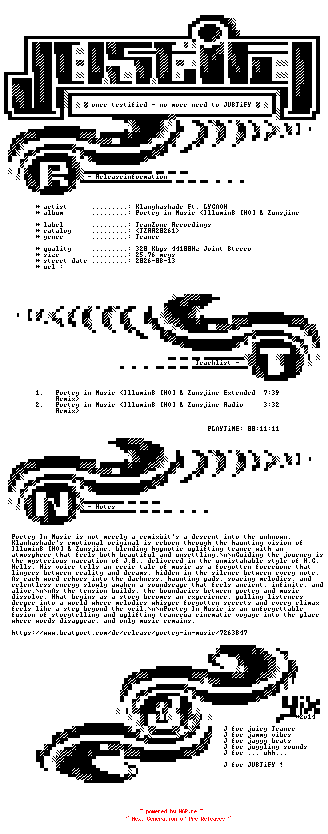 NFO for the release Klangkaskade_ft._LYCAON_-_Poetry_In_Music_(Illumin8_(NO)_and_Zunsjine_Remix)-(TZRR20261)-WEB-2026-JUSTiFY by JUSTiFY