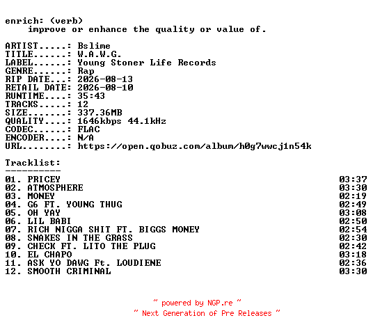 NFO for the release Bslime-W.A.W.G.-24BIT-WEB-FLAC-2026-ENRiCH by ENRiCH