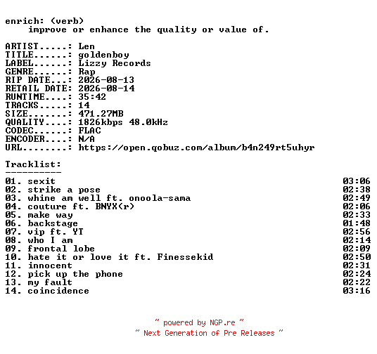 NFO for the release Len-goldenboy-24BIT-WEB-FLAC-2026-ENRiCH by ENRiCH