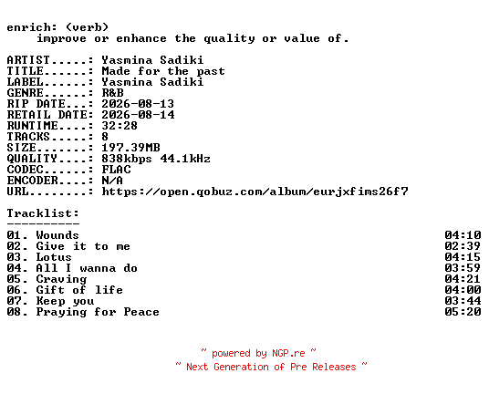 NFO for the release Yasmina_Sadiki-Made_for_the_past-16BIT-WEB-FLAC-2026-ENRiCH by ENRiCH
