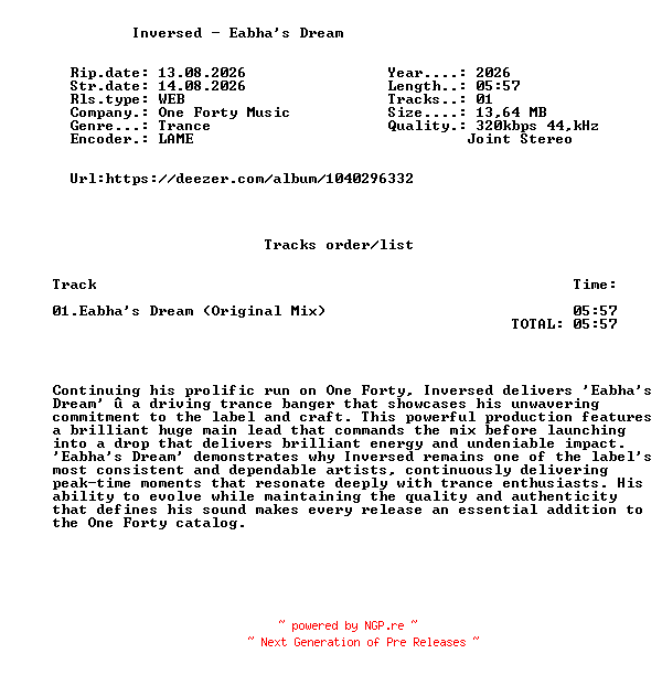 NFO for the release Inversed_-_Eabhas_Dream-(OF105)-SINGLE-WEB-2026-FMC by FMC