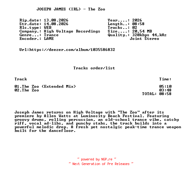 NFO for the release JOSEPH_JAMES_(IRL)_-_The_Zoo-(HVR246)-WEB-2026-FMC by FMC