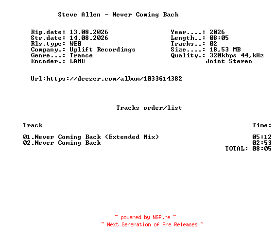 NFO for the release Steve_Allen_-_Never_Coming_Back-(UPLIFT123)-WEB-2026-FMC by FMC