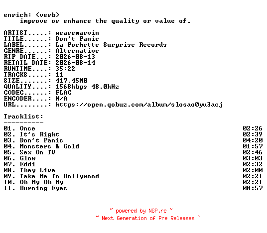 NFO for the release wearemarvin-Dont_Panic-24BIT-WEB-FLAC-2026-ENRiCH by ENRiCH