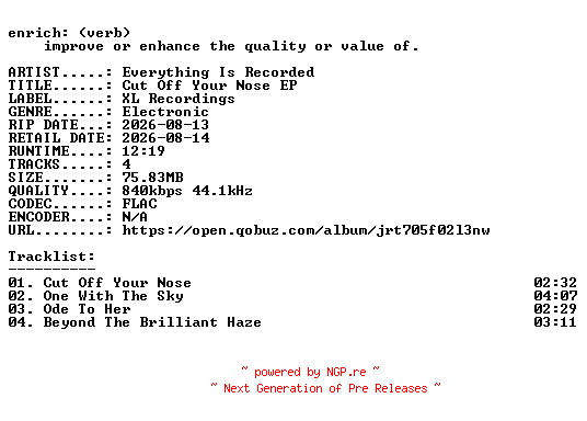 NFO for the release Everything_Is_Recorded-Cut_Off_Your_Nose_EP-16BIT-WEB-FLAC-2026-ENRiCH by ENRiCH