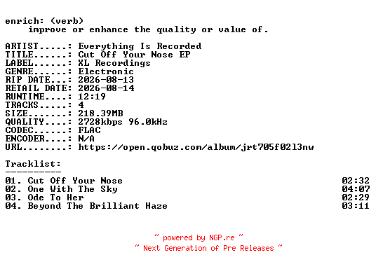NFO for the release Everything_Is_Recorded-Cut_Off_Your_Nose_EP-24BIT-WEB-FLAC-2026-ENRiCH by ENRiCH