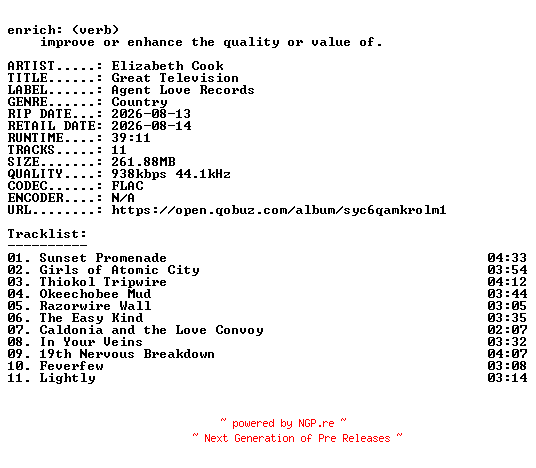 NFO for the release Elizabeth_Cook-Great_Television-16BIT-WEB-FLAC-2026-ENRiCH by ENRiCH