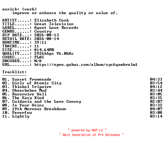 NFO for the release Elizabeth_Cook-Great_Television-24BIT-WEB-FLAC-2026-ENRiCH by ENRiCH