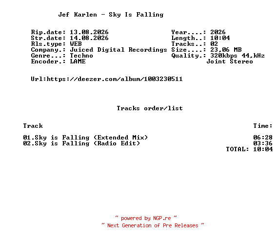 NFO for the release Jef_Karlen_-_Sky_is_Falling-(JDR164)-WEB-2026-FMC by FMC