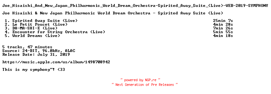 NFO for the release Joe_Hisaishi_And_New_Japan_Philharmonic_World_Dream_Orchestra-Spirited_Away_Suite_(Live)-WEB-2019-SYMPHONY by SYMPHONY