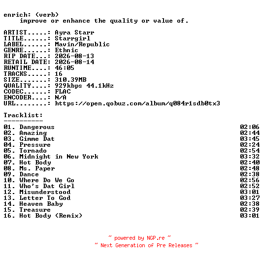 NFO for the release Ayra_Starr-Starrgirl-16BIT-WEB-FLAC-2026-ENRiCH by ENRiCH