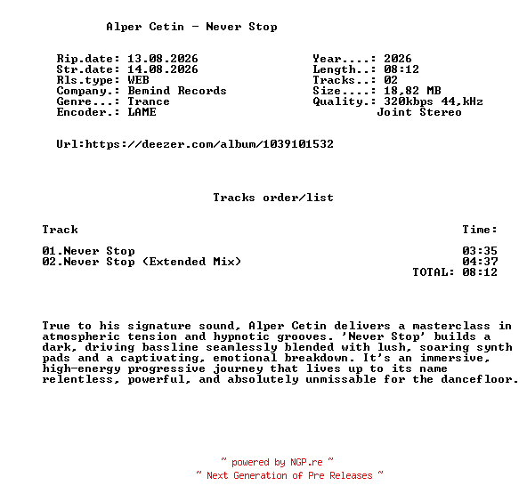 NFO for the release Alper_Cetin_-_Never_Stop-(BMD132)-WEB-2026-FMC by FMC