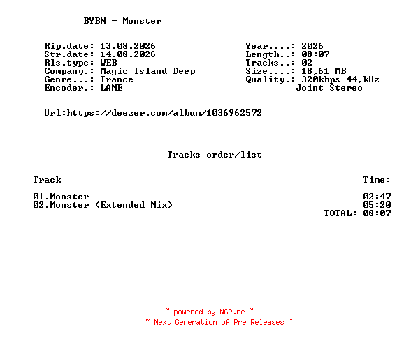 NFO for the release BYBN_-_Monster-(MAGICDEEP097)-WEB-2026-FMC by FMC