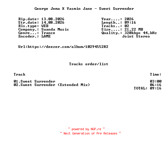 NFO for the release George_Jema_X_Yasmin_Jane_-_Sweet_Surrender-(SND578)-WEB-2026-FMC by FMC
