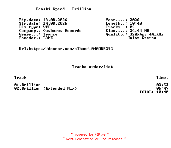 NFO for the release Ronski_Speed_-_Brillion-(OUT308)-WEB-2026-FMC by FMC