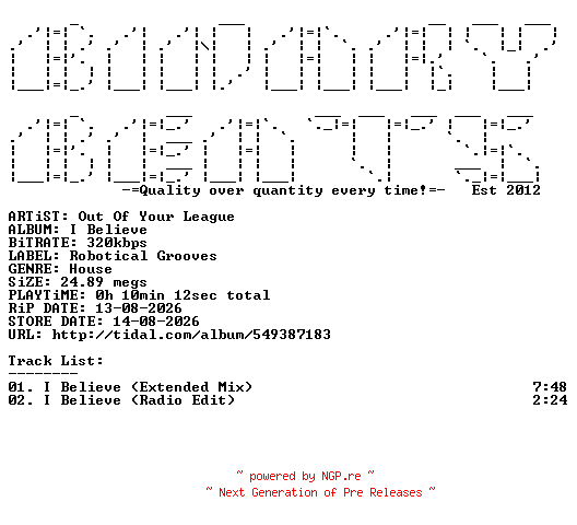 NFO for the release Out_Of_Your_League-I_Believe-(RG583)-WEB-2026-BB by BB