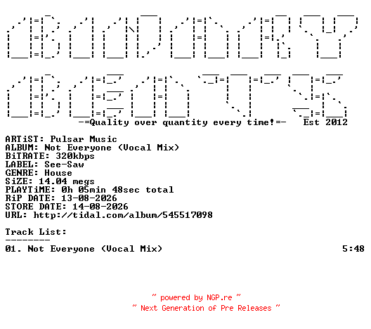 NFO for the release Pulsar_Music-Not_Everyone_(Vocal_Mix)-(SSW116)-SINGLE-WEB-2026-BB by BB