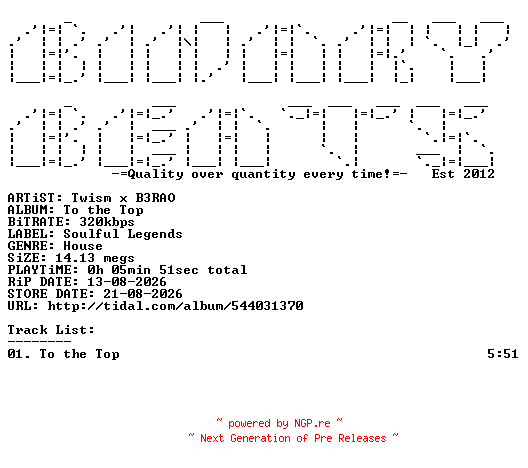 NFO for the release Twism_X_B3RAO-To_The_Top-(SL212)-SINGLE-WEB-2026-BB by BB