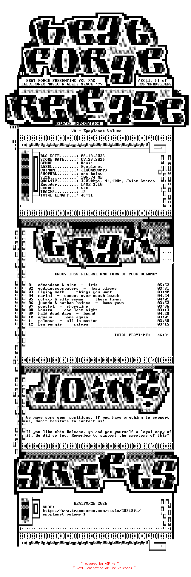 NFO for the release VA-Egoplanet_Volume_1-(EGO40COMP)-WEB-2026-BF by BF