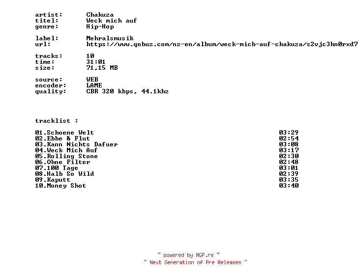 NFO for the release Chakuza_-_Weck_Mich_Auf-WEB-DE-2026-BITCOINS by BITCOINS