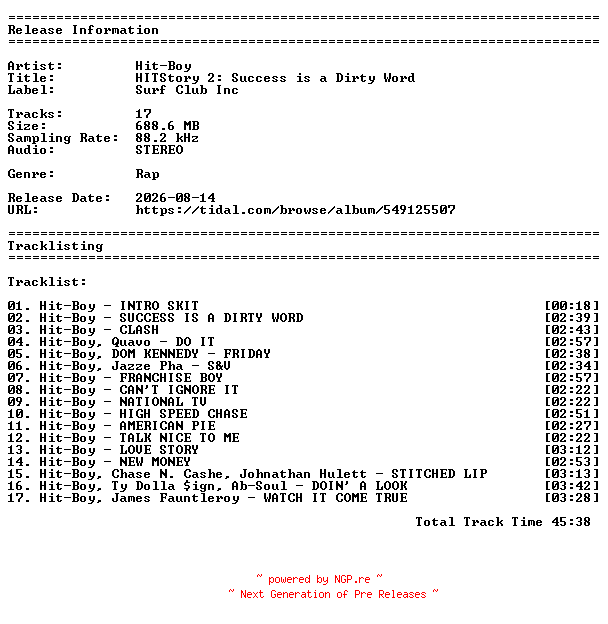 NFO for the release Hit-Boy-HITStory_2__Success_is_a_Dirty_Word-24BIT-WEBFLAC-2026-ShitBoy by ShitBoy