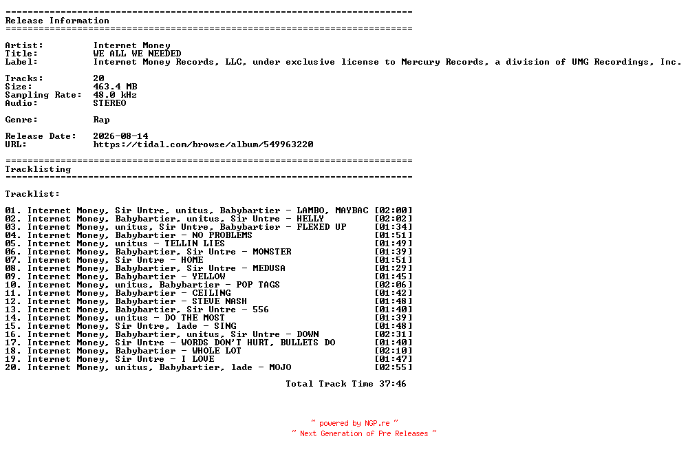 NFO for the release Internet_Money-WE_ALL_WE_NEEDED-24BIT-WEBFLAC-2026-Bitcoin by Bitcoin