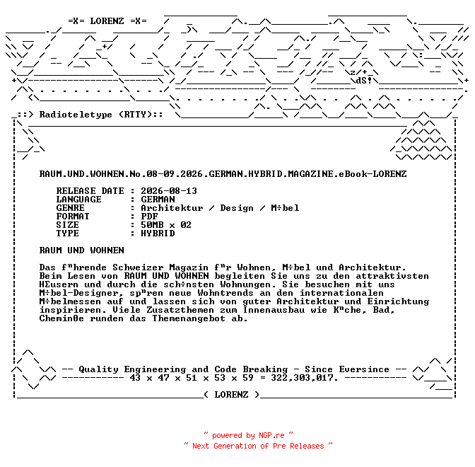NFO for the release RAUM.UND.WOHNEN.No.08-09.2026.GERMAN.HYBRID.MAGAZINE.eBook-LORENZ by LORENZ