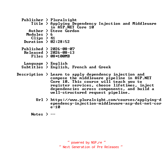 NFO for the release Pluralsight.Applying.Dependency.Injection.and.Middleware.in.ASP.NET.Core.10.2026.BOOKWARE-GETH by GETH