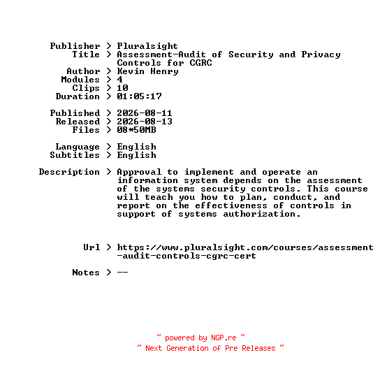 NFO for the release Pluralsight.Assessment-Audit.of.Security.and.Privacy.Controls.for.CGRC.2026.BOOKWARE-GETH by GETH
