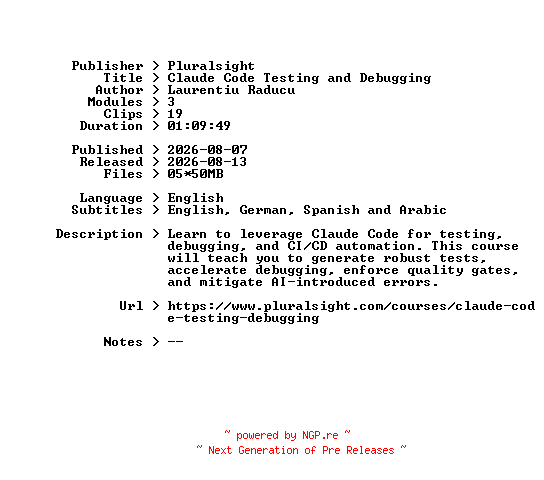 NFO for the release Pluralsight.Claude.Code.Testing.and.Debugging.2026.BOOKWARE-GETH by GETH