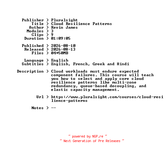 NFO for the release Pluralsight.Cloud.Resilience.Patterns.2026.BOOKWARE-GETH by GETH