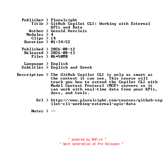 NFO for the release Pluralsight.GitHub.Copilot.CLI.Working.with.External.APIs.and.Data.2026.BOOKWARE-GETH by GETH