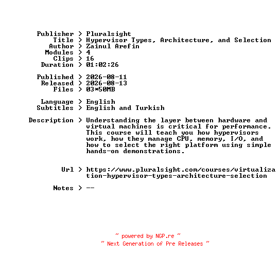 NFO for the release Pluralsight.Hypervisor.Types.Architecture.and.Selection.2026.BOOKWARE-GETH by GETH