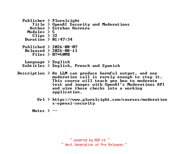 NFO for the release Pluralsight.OpenAI.Security.and.Moderations.2026.BOOKWARE-GETH by GETH