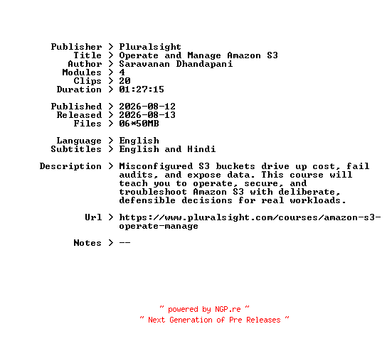 NFO for the release Pluralsight.Operate.and.Manage.Amazon.S3.2026.BOOKWARE-GETH by GETH