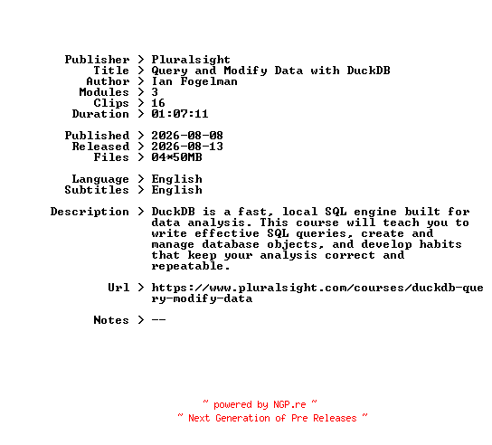 NFO for the release Pluralsight.Query.and.Modify.Data.with.DuckDB.2026.BOOKWARE-GETH by GETH