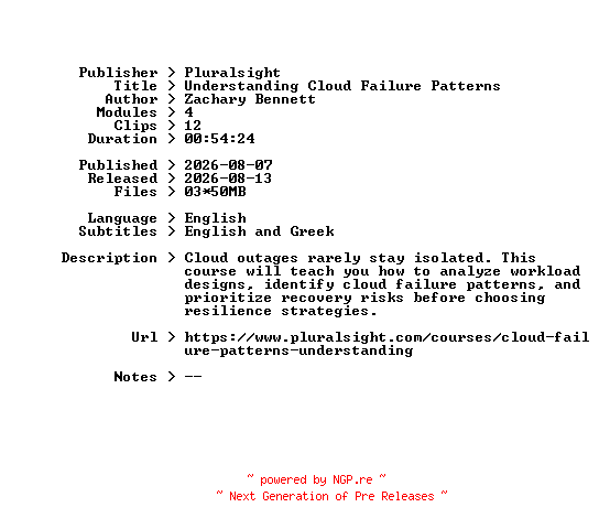 NFO for the release Pluralsight.Understanding.Cloud.Failure.Patterns.2026.BOOKWARE-GETH by GETH