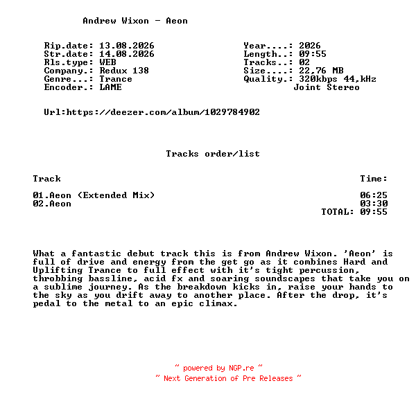 NFO for the release Andrew_Wixon_-_Aeon-(RDX138590)-WEB-2026-FMC by FMC