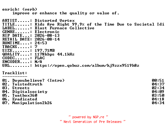 NFO for the release Distorted_Vortex-Kids_Are_Right_99.9_of_the_Time_Due_to_Societal_Idiots-EP-16BIT-WEB-FLAC-2026-ENRiCH by ENRiCH