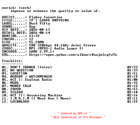 NFO for the release Flyboy_Tarantino-IF_I_LEAVE_ANYTHING-WEB-2026-ENRiCH by ENRiCH