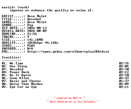 NFO for the release Rose_Mulet-Decoded-16BIT-WEB-FLAC-2026-ENRiCH by ENRiCH