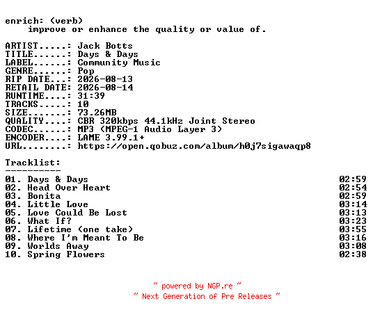 NFO for the release Jack_Botts-Days_and_Days-WEB-2026-ENRiCH by ENRiCH