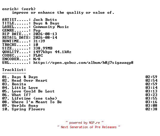 NFO for the release Jack_Botts-Days_and_Days-24BIT-WEB-FLAC-2026-ENRiCH by ENRiCH