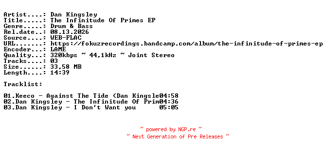 NFO for the release Dan_Kingsley-The_Infinitude_Of_Primes_EP-(FOKUZ421)-WEB-2026-IND by IND