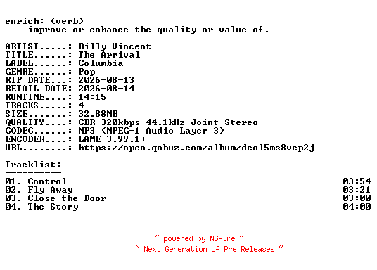 NFO for the release Billy_Vincent-The_Arrival-EP-WEB-2026-ENRiCH by ENRiCH