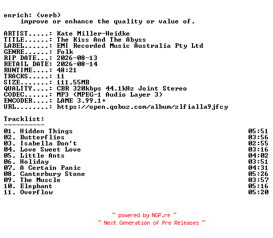 NFO for the release Kate_Miller-Heidke-The_Kiss_And_The_Abyss-WEB-2026-ENRiCH by ENRiCH