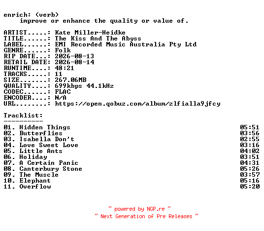 NFO for the release Kate_Miller-Heidke-The_Kiss_And_The_Abyss-16BIT-WEB-FLAC-2026-ENRiCH by ENRiCH