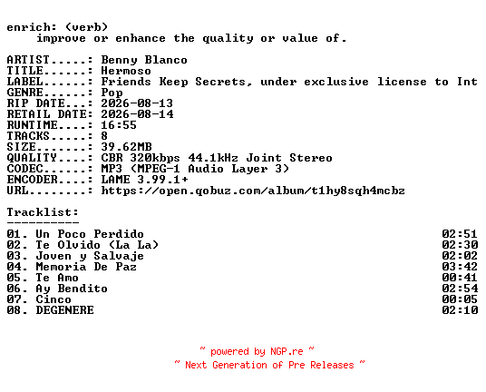 NFO for the release Benny_Blanco-Hermoso-WEB-ES-2026-ENRiCH by ENRiCH